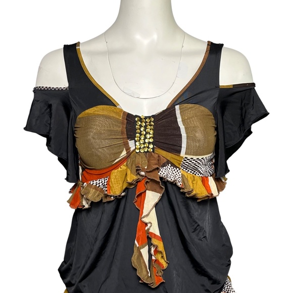 Roberto Just Cavalli Y2K Patchwork Ruffle Tiered Cold Shoulder Mini Dress Size M - Picture 4 of 10